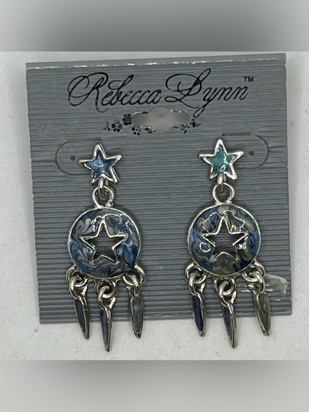 Rebecca Lynn Celestial Star Earrings Blue Enamel Dreamcatcher Style Dangle Drops